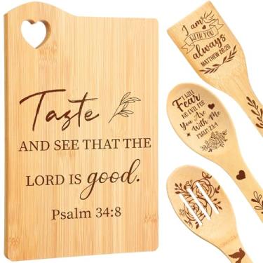 Imagem de RimCereal 4 peças de presentes cristãos para mulheres, mãe, versículo bíblico, tábua de corte de bambu, espátula, religiosa, conjunto de colheres, presentes inspiradores católicos para o Dia das Mães