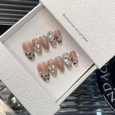 Imagem de Unhas feitas à mão de amêndoa média - 10 peças de prensa de unhas 3D em estilo francês com strass olho de gato, unhas falsas para mulheres, tamanho M