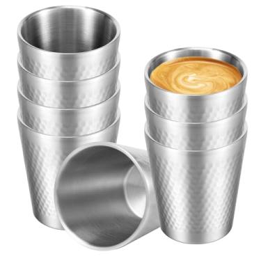 Imagem de XYDHQS Copo de água de aço inoxidável de 8 peças, copo de cerveja empilhável de parede dupla de 450 ml, caneca de café de metal isolado a vácuo, copo martelado para café, chá, leite, casa, restaurante