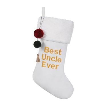 Imagem de Pxniy Meia de Natal branca personalizada de 49,5 cm com iniciais bordadas - meias de lareira, decoração de festa de Natal em família Best Uncle Ever