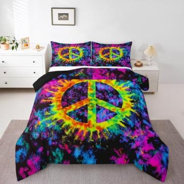 Imagem de Homewish Conjunto de edredom Queen com sinal de paz, colorido, arte tie-dye, 3 peças, para decoração de quarto de crianças, adolescentes, mulheres, homens, vintage, estilo hippie, preto, enchimento de