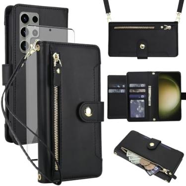Imagem de Asuwish Capa de celular para Samsung Galaxy S23 Ultra 5G com zíper carteira, com protetor de tela de vidro temperado e alça transversal, suporte para cartão S23Ultra 23S S 23 23Ultra 17.3 cm feminino