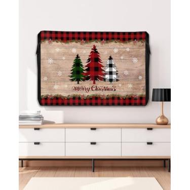 Imagem de Capa de TV externa de Natal de inverno para tela plana externa, árvore de treliça de búfalo, 600D, espessa, impermeável, à prova de intempéries, protetor de tela de TV ao ar livre com zíper para telas