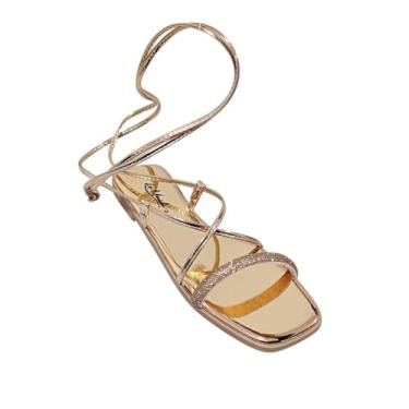 Imagem de Sandália Rasteira Feminina Gladiadora, Tiras com Strass, Bico Quadrado, Cobre Rasteirinha Personalizado com Seu Nome (Cobre, BR, Adulto, Numérico, M, 40)