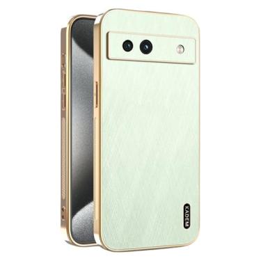 Imagem de Yarxiawin Capa de telefone para Google Pixel 7A à prova de choque, textura de fio dourado para Google Pixel 7A, capa de silicone fina galvanizada preta de couro anti-impressão digital (verde)