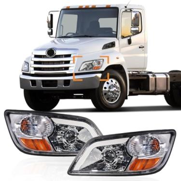 Imagem de Conjunto de farol adequado para caminhões 2011+ Hino 238 258 268 338 lado esquerdo e lado direito do passageiro com farol pintado de prata (lente LED) (LED cromado, par)