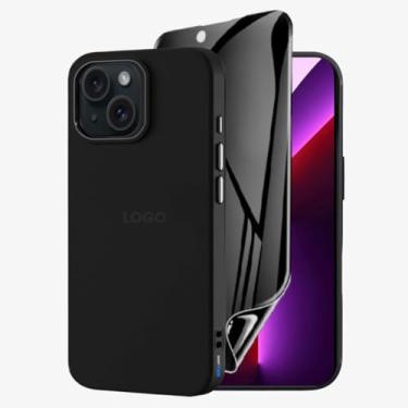 Imagem de Kit Capa Capinha Case Proteção Premium Preta Anti Impactos + Película de Cerâmica Fosca Privacidade Não Quebra, Anti Riscos (iPhone 13)