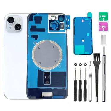 Imagem de Substituição de vidro da tampa traseira traseira para iPhone 15 Plus + lente da câmera + ímã + suporte de peça de ferro com kit de ferramentas de reparo (branco)