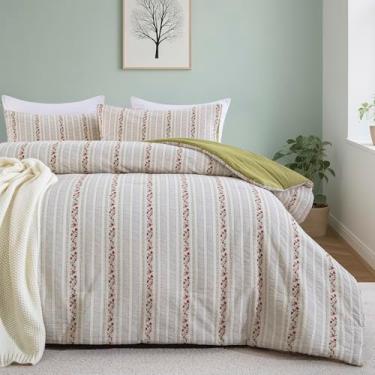 Imagem de Purefair Conjunto de edredom 100% algodão jacquard, estampa floral listrada, macio, leve, reversível, 3 peças para todas as estações, King (264 x 228 cm)