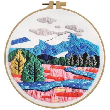 Imagem de Esffaci Kit de bordado para iniciantes adultos com paisagem de montanha, cenário de flores, conjunto de bordado à mão, com pano de bordado, fio dental, passador de agulha e instruções (sem garantia de