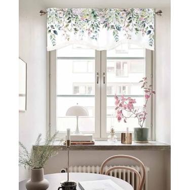 Imagem de Cortina de janela sanefa pastoral de flores de eucalipto para janelas de cozinha, saia recortada com borla, cortinas curtas de flor gradiente de fazenda para quarto 137 x 45 cm