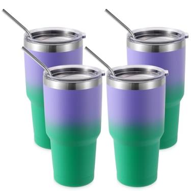 Imagem de Volhoply Copo térmico de 900 ml com tampa e canudo pacote com 4, canecas de café de viagem de parede dupla para bebidas quentes/frias, cabe em porta-copos de carro, sem BPA (roxo-verde, 4