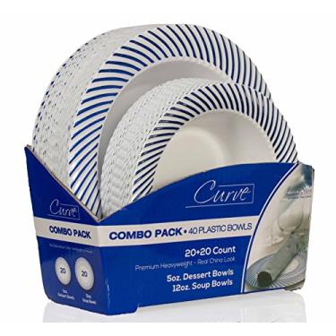 Imagem de Laura Stein Conjunto de louça de designer | 40 tigelas descartáveis de plástico para festa | Tigela de casamento branca com borda azul | O conjunto inclui 20 tigelas de sopa de 340 g + 20 tigelas de sobremesa de 142 g | Série Curve