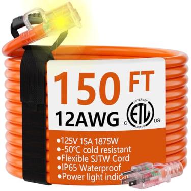 Imagem de HUANCHAIN - Cabo de extensão externo calibre 12/3 de 45,7 m, impermeável, resistente, com extremidade iluminada, cabo elétrico flexível resistente ao frio, 3 pinos externos, 15