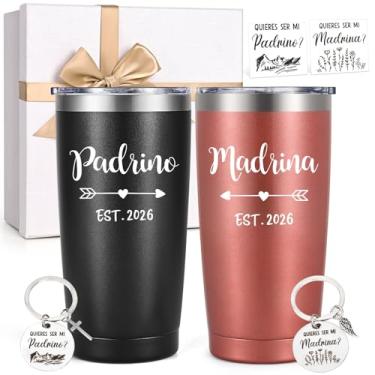 Imagem de LiqCool Presente de pedido de padrinhos, Padrino y Madrina Godmother & Godfather 590 g conjunto de copo isolado com chaveiro e cartão, presente Will You be My Godparents do afilhado para batismo