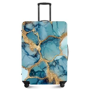 Imagem de FOREVER QUEEN Capa protetora de mala de mármore luxuosa, antiarranhões, capa de bolsa elástica, lavável e durável de poliéster, Azul-claro - dourado, S(fits 20-22inch suitcase), Mármore