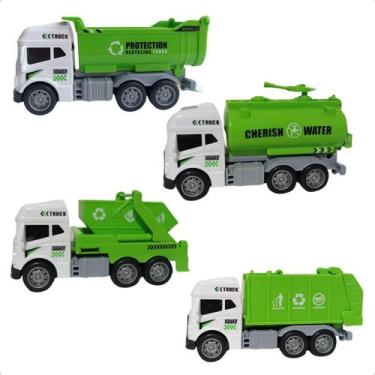 Imagem de Kit 4 Caminhões Brinquedo Miniatura Fricção Lixo Recicla Eco - Top Kid