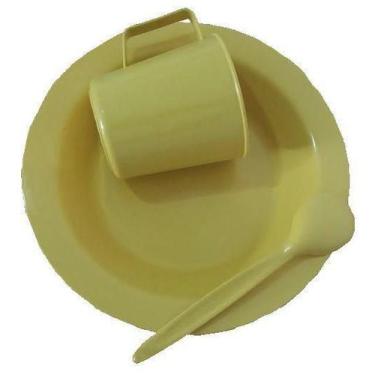 Imagem de Kit Merenda Escolar Amarelo Prato Colher Caneca Plástica 300 ML - 12 P