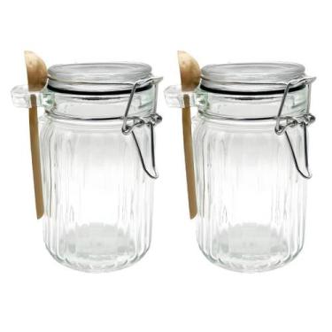 Imagem de Kit 2 Pote Hermético De Vidro Com Trava e Colher de Bambu Redondo 280m