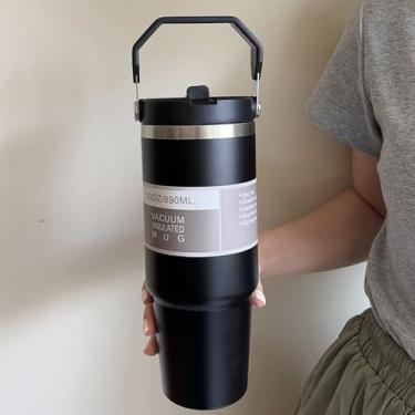 Imagem de Garrafa de água térmica com canudo dobrável de 887 ml, copo de aço inoxidável com alça para viagem, para quente e frio, preto