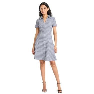 Imagem de Maggy London Vestido feminino de tweed de manga curta com decote em V - Vestidos profissionais de trabalho, Azul-marinho multi, 40