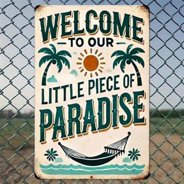 Imagem de Placa de parede Welcome Paradise Tropical Hammock Beach Sun Paradise, arte de parede de alumínio rústico e placa de metal - 20 x 30 cm, decoração vintage interna e externa para casa, escritório, café