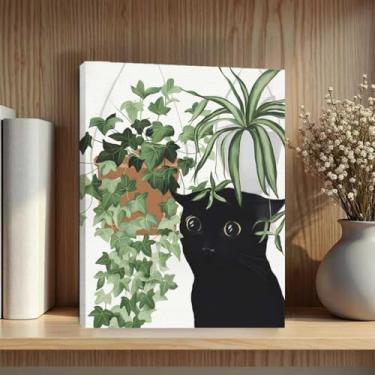 Imagem de Arte de parede emoldurada botânica de gato fofo, folhas verdes, plantas, boho, arte de parede, pinturas, decoração de parede, presentes exclusivos e amantes de gatos, imagem para sala de jantar, sala