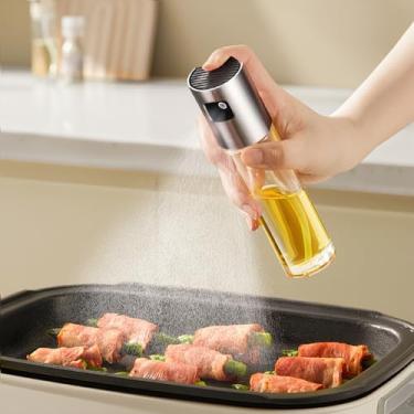 Imagem de Garrafa de spray de óleo de azeitona de cozinha de 102 g/100 ml para cozinhar dispensador de vidro recarregável com spray de névoa fina para churrasco (prateado)