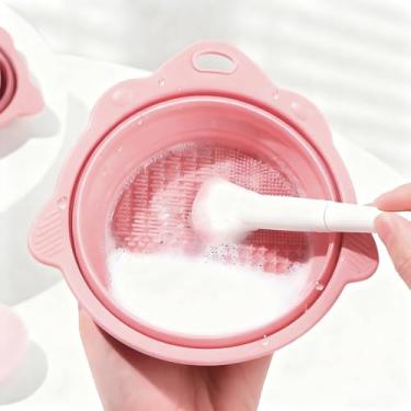 Imagem de Tapete de limpeza de pincéis de maquiagem, tigela de limpeza de escova de maquiagem de silicone dobrável portátil para pincéis, puffs de pó e esponjas (rosa)