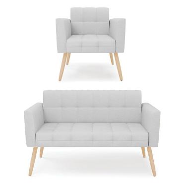 Imagem de Kit 1 Sofá Namoradeira E 1 Poltrona Elisa Linho Cinza A05 Pés Palito Natural - D'rossi