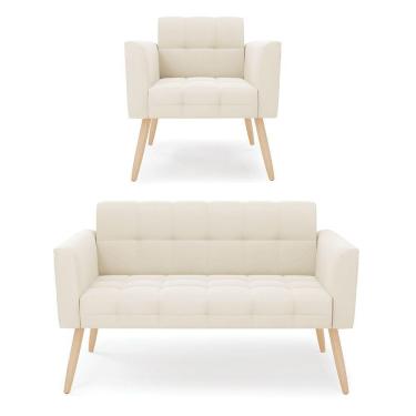 Imagem de Kit 1 Sofá Namoradeira E 1 Poltrona Elisa Veludo Bege Pés Palito Natural - D'rossi