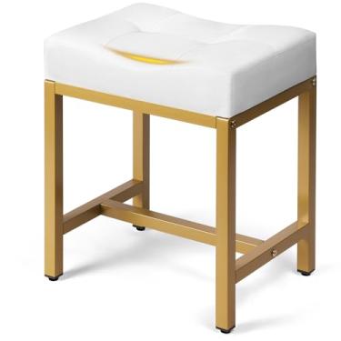 Imagem de Banqueta de assento de sela, cadeira de maquiagem com perna de metal, banqueta otomana em forma de U, cadeiras quadradas pequenas sob a mesa para penteadeira, sala de estar, quarto, banco de maquiagem