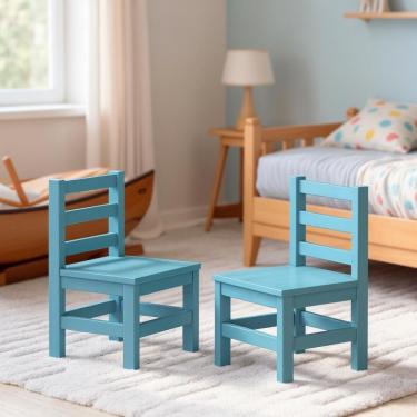 Imagem de 2 Cadeirinhas Mini Cadeiras Infantil De Madeira Maciça - Azul Sem Estofado