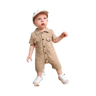 Imagem de Macacão Casual De Verão Para Menino Bebê Em Caqui Com Manga Curta E Bo
