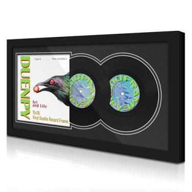 Imagem de DUENPY Moldura para exibição de disco de vinil, 39 x 76 cm, álbum de gravação e capa de álbum de arte de 12,5 x 12,5, suporte de parede, tapete preto duplo