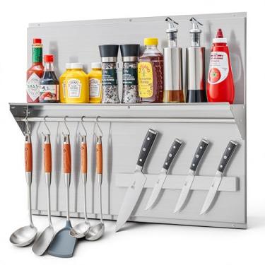 Imagem de Wilprep Backsplash de fogão de aço inoxidável, exaustor de 76 cm x 61 cm com prateleira de armazenamento, suporte magnético para facas, espátula com furos pré-perfurados, fundo de aço inoxidável para