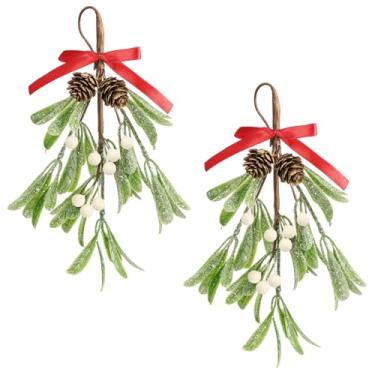 Imagem de 2 peças de enfeite de visco artificial de Natal, 23 cm de bagas brancas nevadas, bola de beijo, enfeite para pendurar visco de Natal com laço vermelho pinhas spray de baga sagrada para decoração de