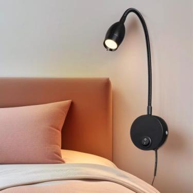 Imagem de GZZBMY LED apliques de parede com interruptor e tomada cabo candeeiro de leitura flexível pescoço de cisne giratório 360° iluminação de parede para quarto sala de estar hotel (preto, luz quente)