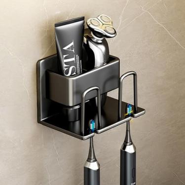 Imagem de Conjunto de suporte de escova de dentes montado na parede com copos, organizador de rack de armazenamento de banheiro sem perfuração para escovas de dentes elétricas, pasta de dente e acessórios