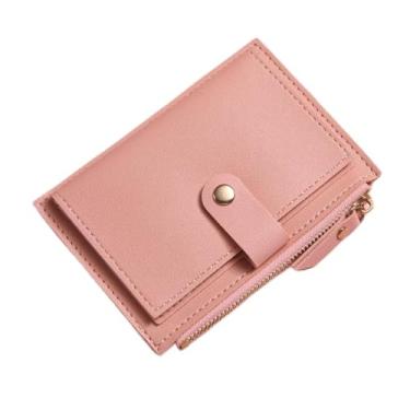 Imagem de Carteira feminina compacta de couro com porta-cartões com zíper e bolso para moedas elegante com fecho de pressão pequena, rosa, 4.7 x 1 x 3 inches, Tendência