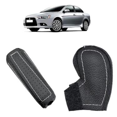 Imagem de Kit Proteção Couro Legitimo Manopla Câmbio Automático E Freio De Mão Compatível Com Lancer Full 2012 Á 2019 (PRETO - COSTURA PRATA)