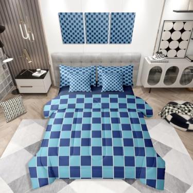 Imagem de Erosebridal Jogo de cama solteiro para meninos, azul marinho, xadrez, geométrico, quadriculado e lençol com lençol de solteiro, 7 peças