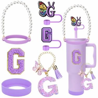 Imagem de RNFVJH 7 peças de acessórios de copo para garrafa de água Stanley alça alça de alça de 0,8 cm carta palha capa de silicone alça inicial pingente adesivo de letra para copo de 30 e 1,134 g com alça