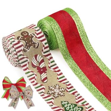 Imagem de Blinket Fita de decoração de Natal com 2 rolos para embrulho de presente, 6 cm x 13 m, fita de veludo com listras verdes com glitter vermelho para guirlandas, fitas listradas de floco de neve para