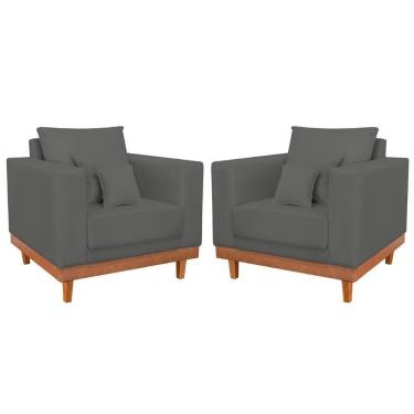 Imagem de Kit 2 Poltronas Suede Resistentes Base Madeira + Almofadas Cinza