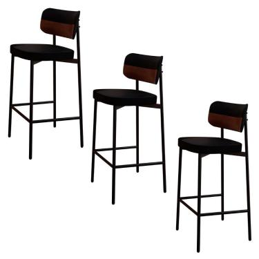 Imagem de Banqueta Alta Bar Estofada Kit 3 Ella M25 Linho Preto/marrom - Mpozenato