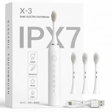 Imagem de Escova de Dente Elétrica Recarregável USB Escova Dental Ultrassônica IPX7 6 Modos de Escovação Escova de Dentes Elétrica Portátil Com 3 Cabeças Substituíveis À Prova D’água (Branco)