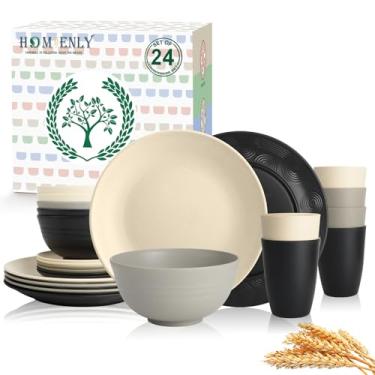 Imagem de Homienly Conjunto de pratos de palha de trigo, 24 peças - Conjunto de pratos, tigelas, copos, leve e inquebrável, adequado para micro-ondas e lava-louças, para cozinha, ao ar livre - pedra cinza