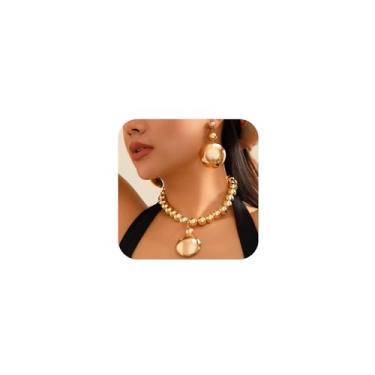 Imagem de Douxsu Colar gargantilha de corrente grossa com contas de ouro, brincos grandes para mulheres, contas de prata, colares exagerados, grandes e redondos, brinco de meia bola, joia de festa, One Size