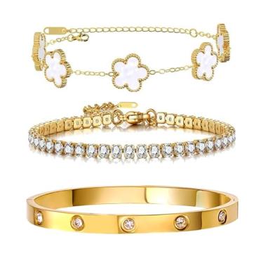 Imagem de Arthur Liu Conjunto de 3 pulseiras empilháveis de flor da sorte – Aço inoxidável banhado a ouro 14 K com zircônia cúbica fofa e charmosa para mulheres joias, One Size, Aço inoxidável, Zircônia cúbica